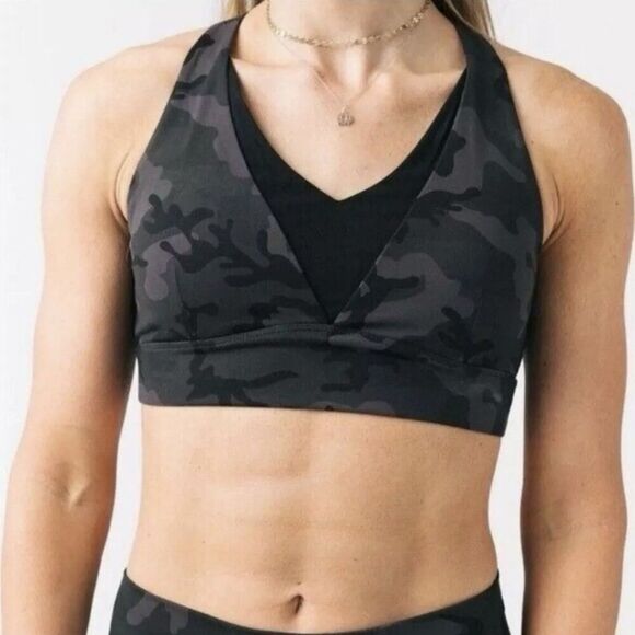 Zyia Forest Camo Sports Bra XXL Black Gray Mesh V-Neck Adjustable Straps Workout - Picture 1 of 9
